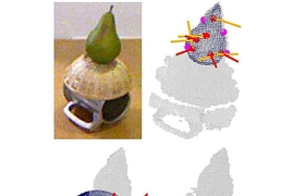 A statistical construct called the Bingham distribution enables a new
algorithm to identify an object's orientation using far fewer data points
(red and purple circles) than previous algorithms required.