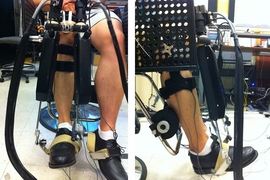 A front and side view of a volunteer wearing the Anklebot in a seated posture. During experiments, the robot moved the ankle and recorded its stiffness in multiple directions. 