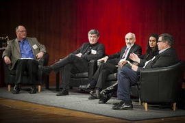 A panel on "Models and Big Data" included (from left): MIT Joint Program on the Science and Policy of Global Change Co-Director John Reilly; director of the MIT Media Lab Responsive Environments group and MIT Associate Professor Joseph Paradiso; director of Climate Interactive and MIT Sloan Professor John Sterman; White House Senior Advisor on Climate Change Innovation Bina Venkataraman; a...