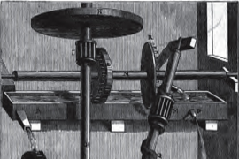 A 1660 wood engraving of Robert Fludd's 1618 "water screw" perpetual motion machine, widely credited as the first recorded attempt to describe such a device for useful work. 