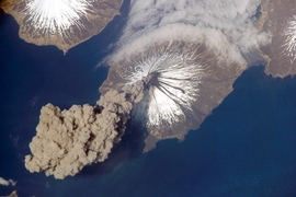 Shown here is Cleveland Volcano, one of the most active volcanoes in the Aleutian Islands, off the Alaska mainland. 
