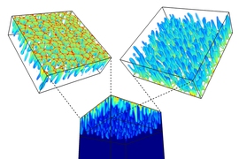 A computer simulation of convective mixing in porous media shows that higher-density fluid enters the medium through the top boundary via diffusion, then sinks by convection caused by a gravity-driven instability. The simulation, performed in MATLAB, involves the solution of about 400 million degrees of freedom per time step, for a total of approximately 10,000 time steps.