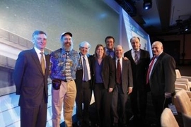 Panel participants (left to right): Donald Sadoway, Alexander Slocum, IHS Chairman Dan Yergin, Angela Belcher, MITEI Associate Director Lou Carranza, Robert Armstrong, Vladimir Bulovic, and CERA Co-Founder Jamey Rosenfield 