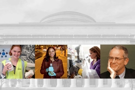 MIT dome with four community member photos superimposed, including Chuck Vest at right