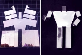Before-and-after stills from the video "An End-to-End Approach to Making Self-Folded 3D Surface Shapes by Uniform Heating." The left image shows the self-folding sheet for a humanoid shape, while the right image shows the completed self-folded humanoid shape.
