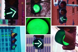Collage of photos with traffic lights and "turn" arrow signals