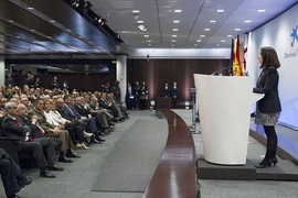 Mercedes Balcells-Camps speaks at the La Caixa Fellowships award ceremony. 