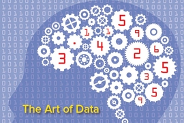 Illustration of a head, with a brain filled with cogs. Text says "The Art of Data"