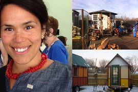 Clockwise, from left: Cate Mingoya; a tiny home in Dignity Village in Portland, Oregon; and a similar home in Occupy Madison Village in Madison, Wisconsin