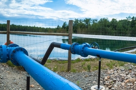 Researchers say the new desalination method could be useful for cleaning the contaminated water generated by hydraulic fracturing, or fracking. Shown here is a holding pit for fracking water.

