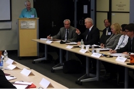 Frank DePaola, general manager of the Massachusetts Bay Transportation Authority, describes one of the challenges of running a growing city system with legacy infrastructure. Also pictured: Nigel Wilson of the MIT Department of Civil and Environmental Engineering (CEE); Frederick Salvucci of CEE; John Attanucci of CEE, Isabelle Trottier of the Transport Society of Montréal (STM); and Alfred Ka Ke...
