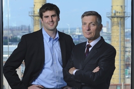 Donald Sadoway (right) of the Department of Materials Science and Engineering, David Bradwell MEng ’06, PhD ’11, and their collaborators have developed a novel molten-metal battery that is low-cost, high-capacity, efficient, long-lasting, and easy to manufacture — characteristics that make it ideal for storing electricity on power grids today and in the future.