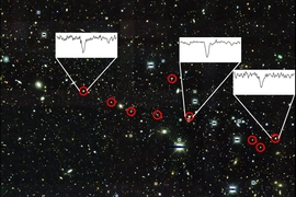 Dark Energy Survey image of the region surrounding the faint dwarf galaxy Reticulum II. The nine brightest known stars in the galaxy are marked with red circles. Spectra showing the unique chemical content of three stars are shown.