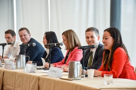 Left to right: Michael Birk, Statoil-MIT Energy Fellow and research associate for the MIT Energy Inititative’s Utility of the Future; David Danielson, U.S. Department of Energy (DOE) assistant secretary for energy efficiency and renewable energy; Joyce Yang, former Department of Energy lab impact director; Johanna Wolfson, DOE energy efficiency and renewable energy tech-to-market director; Brian...