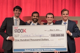 MIT $100K grand-prize-winning team Astraeus Technologies (left to right): Graham Lieberman, Jay Kumar, Alexander Blair, and Joseph Azzarelli. 
