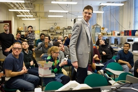Since 2013, John Hart (standing, center) has been teaching the MIT graduate course 2.S998 (Additive Manufacturing), which explores the fundamentals of 3-D printing.
