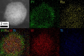 A sample of a core-shell nanoparticle made by the researchers is shown in images made using scanning transmission electron microscope (STEM) and energy-dispersive x-ray spectroscopy (EDX). Color images show where the different elements are located in the particle, with the precious metals platinum (Pt) and ruthenium (Ru) concentrated in the shell, and the other constituents, tungsten (W), and tita...
