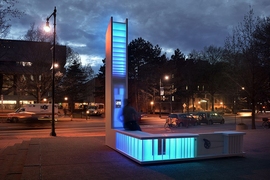Lit up at night, the PREPHub attracts the attention of passersby.  
