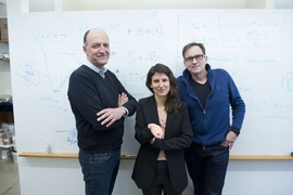 Left to right: Roland Pellenq of the Department of Civil and Environmental Engineering (CEE), Katerina Ioannidou of the MIT Energy Initiative, and Franz-Josef Ulm of CEE have developed a detailed understanding of the nanoscale forces at work as cement hardens — a critical step toward developing stronger, longer-lasting, less carbon-intensive concrete for “greener” construction in the future.