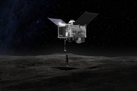 This artist's depiction shows the OSIRIS-REx spacecraft contacting the asteroid Bennu with its Touch-And-Go Sample Arm. The mission aims to return a sample of Bennu's surface coating to Earth and to return detailed information about the asteroid and its trajectory.