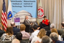 U.S. Secretary of Commerce Penny Pritzker and MIT President L. Rafael Reif discuss innovation and entrepreneurship at an event hosted by the MIT Innovation Initiative. 