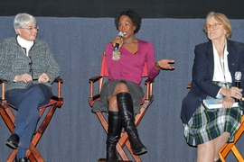 "Hidden Figures" author and producer Margot Lee Shetterly fields a question at the MIT pre-release screening of the film based on her book. MIT Museum Director of Collections Deborah Douglas (left) and Institute Professor Sheila Widnall were also on the post-screening discussion panel.