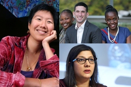 MIT Alumni Elaine Chew (left), Noam Angrist (top right), and Huma Yusuf (bottom right)