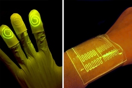 Researchers have found that the hydrogel’s mostly watery environment helps keep nutrients and programmed bacteria alive and active. When the bacteria reacts to a certain chemical, the bacteria are programmed to light up, as seen on the left.
