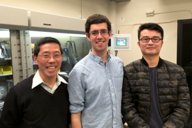 Kyocera Professor of Materials Science and Engineering ‪Yet-Ming Chiang (left), is working with MIT senior Harry Thaman (center) and postdoc Linsen Li to study a new kind of electrolyte for “self-healing” lithium battery cells, which will be formed by adding a halide element such as iodine.