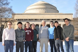 The Ketterle group at MIT's Killian court. Pictured from left to right: Furkan Çağrı Top, Junru Li, Sean Burchesky, Alan O. Jamison, Wolfgang Ketterle, Boris Shteynas, Wujie Huang, and Jeongwon Lee. 