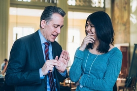 Ian Waitz talks with senior Irena Martinez.