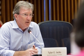 MIT Professor Tyler Jacks, director of the Koch Institute for Integrative Cancer Research, recently testified before a U.S. House Committee on Oversight and Government Reform hearing titled, “Federally Funded Cancer Research: Coordination and Innovation.” He is seen here presenting recommendations from the Cancer Moonshot Blue Ribbon Panel report to the National Cancer Advisory Board in Septem...