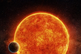 An artist’s impression of the newly-discovered rocky exoplanet, LHS 1140b, located in the liquid water habitable zone surrounding its host star, a small, faint red star named LHS 1140. The planet weighs about 6.6 times the mass of Earth and is shown passing in front of LHS 1140. Depicted in blue is the atmosphere the planet may have retained. 