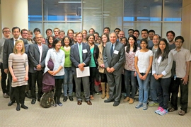 Tata Center students and staff pose with Ratan Tata (center-right), chair of the Tata Trusts.