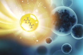 Researchers are hoping to use nanotechnology to develop more targeted treatments for drug-resistant bacteria. In this illustration, an antimicrobial peptide is packaged in a silicon nanoparticle to target bacteria in the lung.
