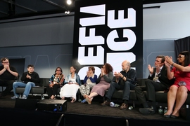 Left to right: LinkedIn co-founder Reid Hoffman and Media Lab Director Joi Ito joined Disobedience Award finalists Phyllis Young and LaDonna Brave Bull Allard; Betina Kaplan and Lorgia García-Peña; and James Hansen; along with winners Marc Edwards and Mona Hanna-Attisha.