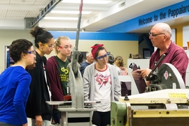 Twenty high school girls from around the country participated in this year’s Women’s Technology Program (WTP), a four-week program that gives girls hands-on engineering experience in the lab and classroom. Pictured here, this summer’s WTP class takes a tour of the Pappalardo Lab.