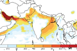 A new study shows that without significant reductions in carbon emissions, deadly heat waves could begin within as little as a few decades to strike regions of India, Pakistan, and Bangladesh. This map shows the maximum wet-bulb temperatures (which combine temperature and humidity) that have been reached in this region since 1979. 
