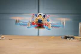A Flybrix LEGO drone lifts off. Flybrix kits let consumers “tinker around with LEGOs, come up with a design you like, and see it fly,” says cofounder Amir Hirsch ’06, SM ’07.