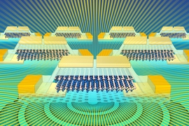 Researchers have designed a light-emitter and detector that can be integrated into silicon CMOS chips. This illustration shows a molybdenum ditelluride light source for silicon photonics.
