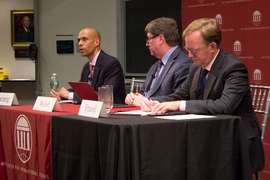 Left to right: Vipin Narang, associate professor of political science and a member of the Security Studies Program; Jim Walsh, senior research associate at the Security Studies Program; and Taylor Fravel, associate professor of political science, a member of the Security Studies Program, and acting director of the MIT Center for International Studies. 
