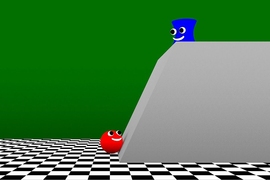 To evaluate infants’ intuition regarding what other people value, researchers showed them videos in which an agent (red bouncing ball) decides whether it’s worth the effort to leap over an obstacle to reach a goal (blue cartoon character).
