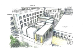 The new Wright Brothers Wind Tunnel will be situated in the same location as its predecessor. Building 17, which is located to the right of the tunnel and contains its controls, will have a new structure added to the rear for an elevator and access bridge to AeroAstro’s Neumann Hangar.