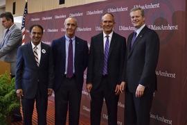 Dignitaries gather at the National Manufacturing Day event held earlier this fall: (l-r) UMass Amherst Chancellor Kumble Subbaswamy, Lincoln Laboratory Microelectronics Laboratory Manager Daniel Pulver, Lincoln Laboratory Quantum Information and Integrated Nanosystems Group leader Paul Juodawlkis, and Massachusetts Governor Charlie Baker.