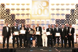 The principal researchers of MIT Lincoln Laboratory's 10 finalists for R&D 100 Awards are seen here with Lincoln Laboratory Director Eric Evans (far left). The principal researchers for the six winning technologies display their award plaques.