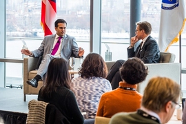At the MIT Conference for the Resilient Reconstruction of the Caribbean, Puerto Rico’s governor, Ricardo Rosselló ’01 (left), described the devastation of recent hurricanes and discussed opportunities for collaboration on resilient rebuilding. He spoke with Robert Stoner, deputy director of the MIT Energy Initiative and director of the Tata Center for Technology and Design.
