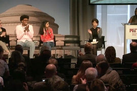 Four MIT students from the first "MIT and Slavery" class (21H.S01) presented well-researched information and narratives that shed new light on the history of science and technology in the U.S. (Left to right) Charlotte Minsky '20, Kelvin Green II '21, Mahi Elango '20, teaching assistant and PhD student Clare Kim, and, at the podium, Alaisha Alexander '18. 