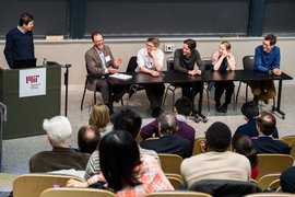 CTP Professors Hong Liu, Jesse Thaler, William Detmold, Daniel Harlow, Tracy Slatyer, and Aram Harrow share a moment during a panel discussion on the future of theoretical physics.