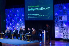 Melissa Nobles (far right), Kenan Sahin Dean of the MIT School of Humanities, Arts, and Social Sciences, introduced the panel discussion, "The Consequences: Intelligence and Society," at the launch of the MIT Intelligence Quest on March 1. From left, Gideon Lichfield, editor-in-chief, MIT Technology Review; Rodney Brooks, Panasonic Professor of Robotics, emeritus; Megan Smith, founder and CEO, shi...