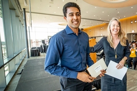Grand prize winner of $15,000 at the annual MIT IDEAS Global Challenge showcase and awards ceremony went to Umbulizer, a team developing a low-cost, portable ventilator for patients in rural areas where medical resources are scarce and unreliable. Pictured is team member Moiz Imam, a senior in mechanical engineering at MIT, accepting the award from Kate Trimble, senior director of the Priscilla Ki...